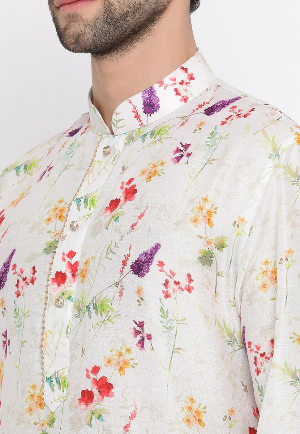 Printed Cotton Kurta in Off White