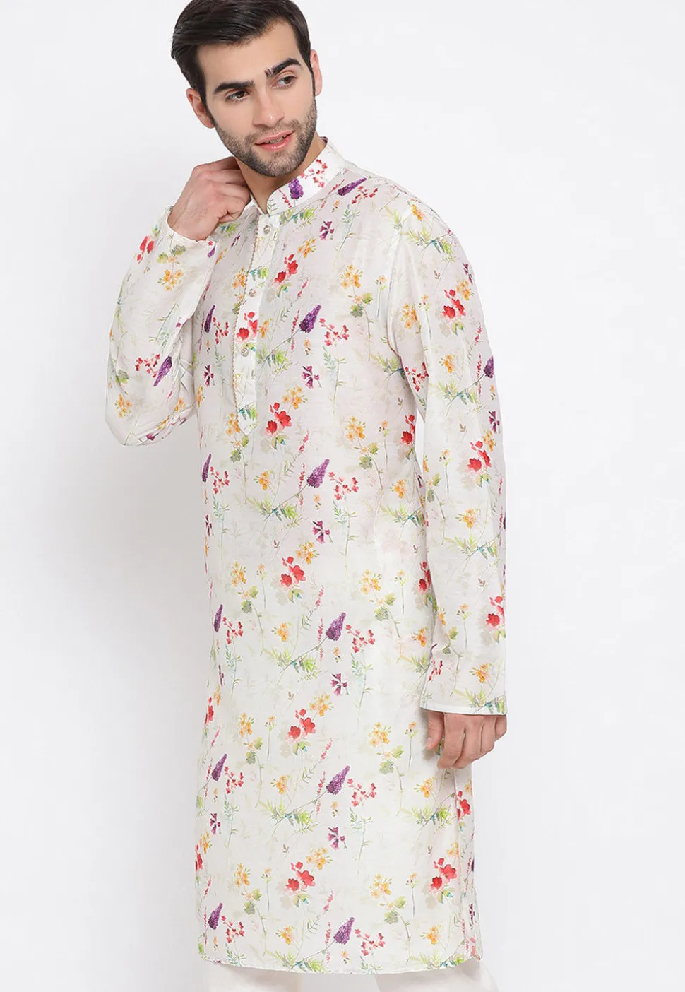 Printed Cotton Kurta in Off White