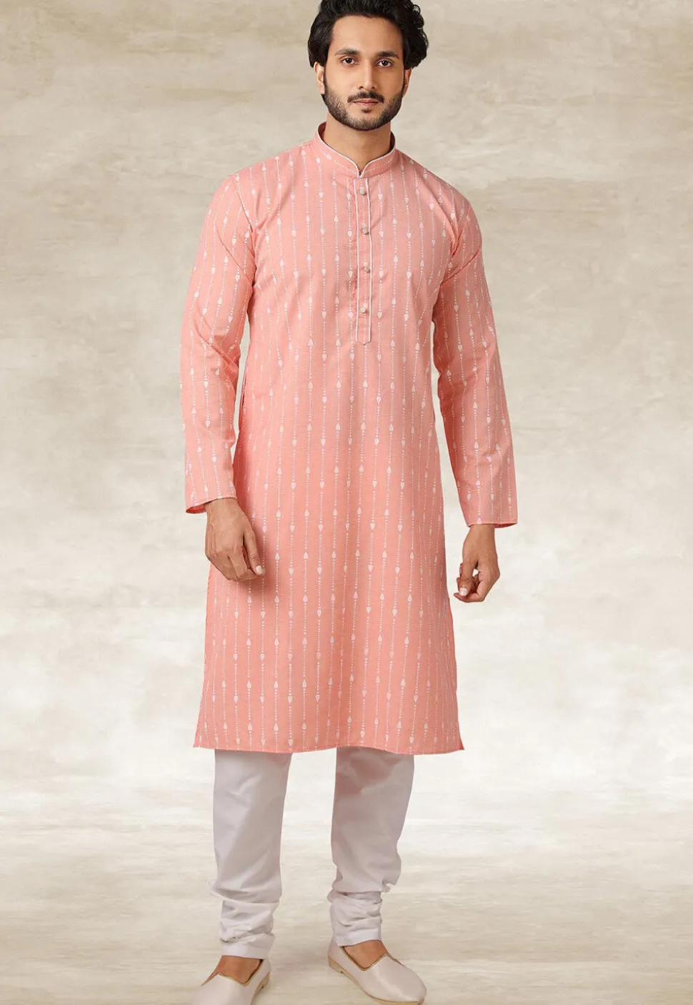 Printed Cotton Kurta in Peach