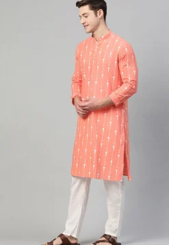 Printed Cotton Kurta in Peach