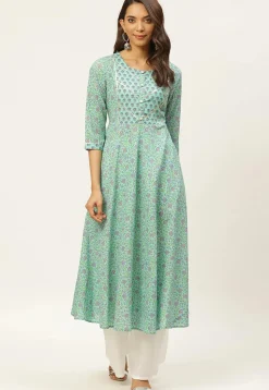 Printed Cotton Kurta in Sea Green