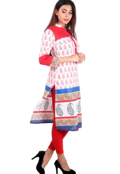 Printed Cotton Kurta in White and Multicolor