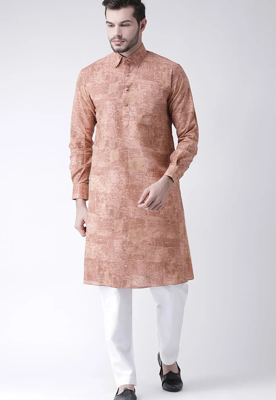 Printed Cotton Kurta Pajama in Light Rust