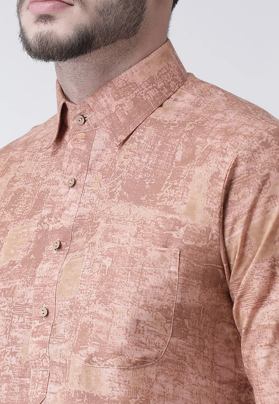 Printed Cotton Kurta Pajama in Light Rust