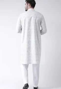 Printed Cotton Kurta Pajama in White