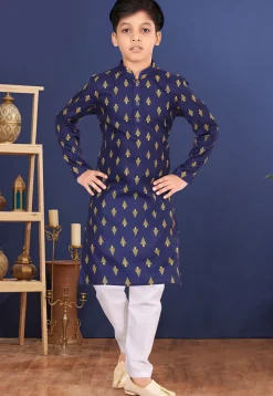 Printed Cotton Kurta Set in Navy Blue