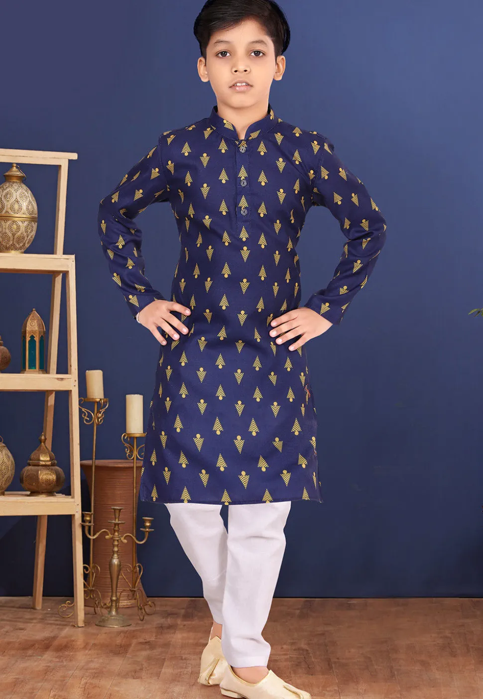 Printed Cotton Kurta Set in Navy Blue