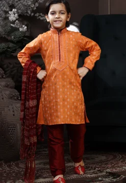Printed Cotton Kurta Set in Orange