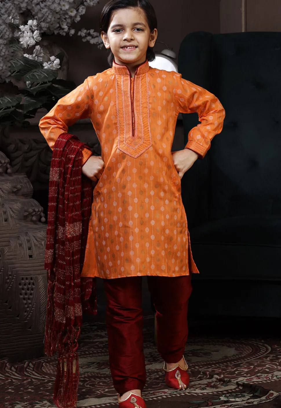 Printed Cotton Kurta Set in Orange