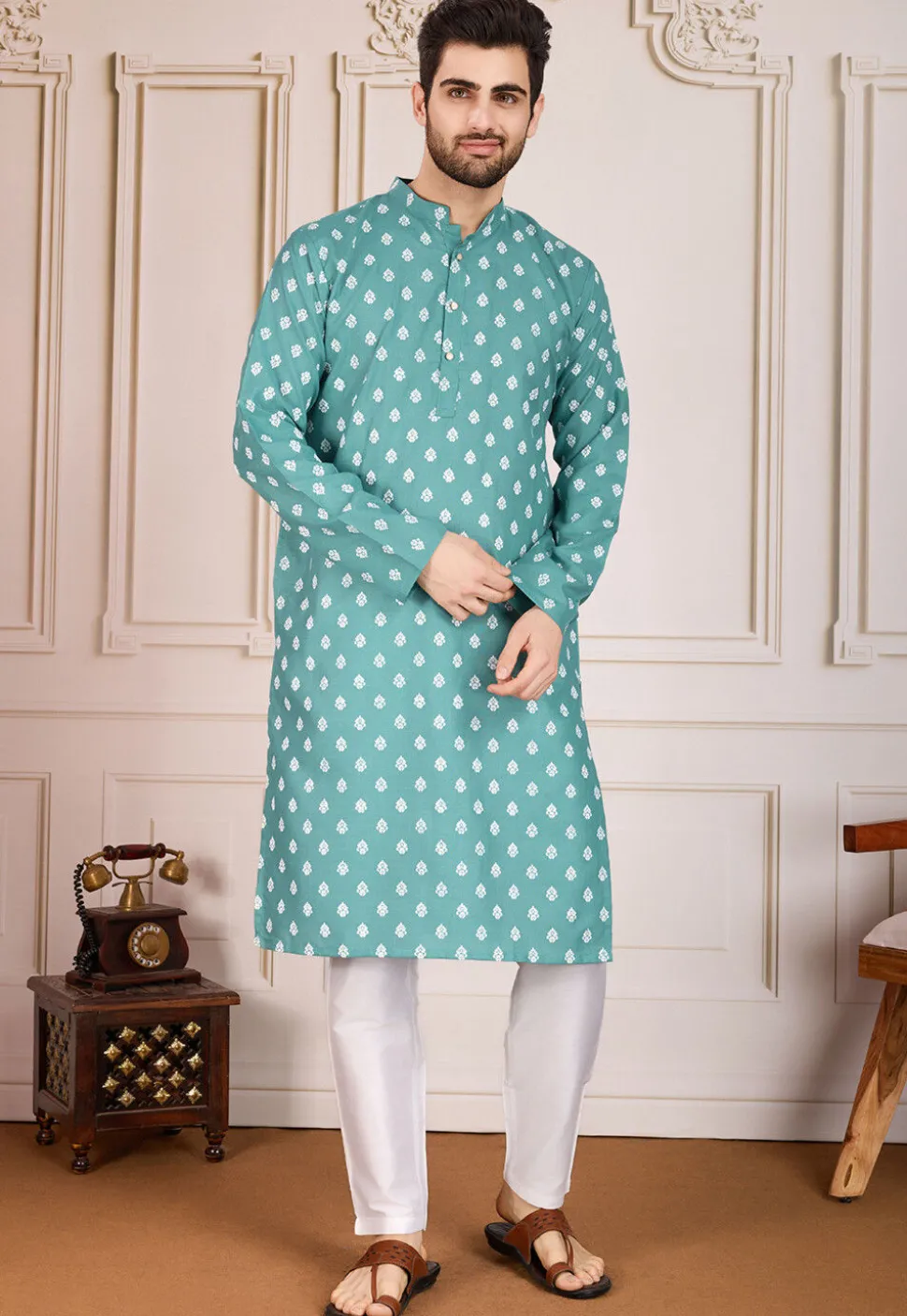 Printed Cotton Kurta Set in Sea Green