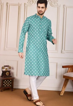 Printed Cotton Kurta Set in Sea Green