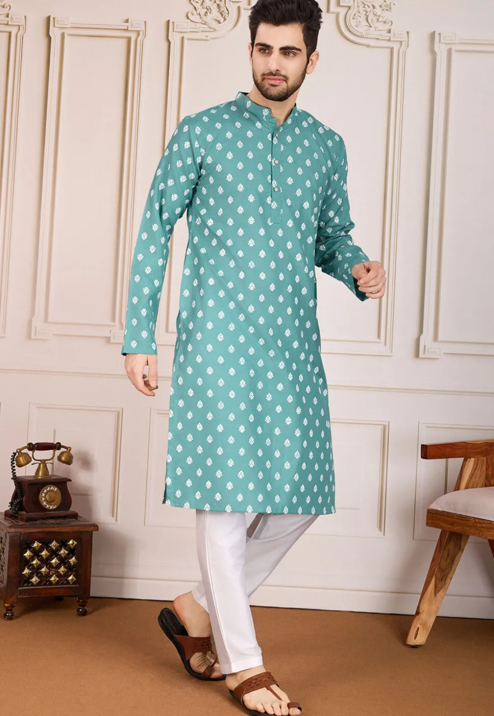 Printed Cotton Kurta Set in Sea Green