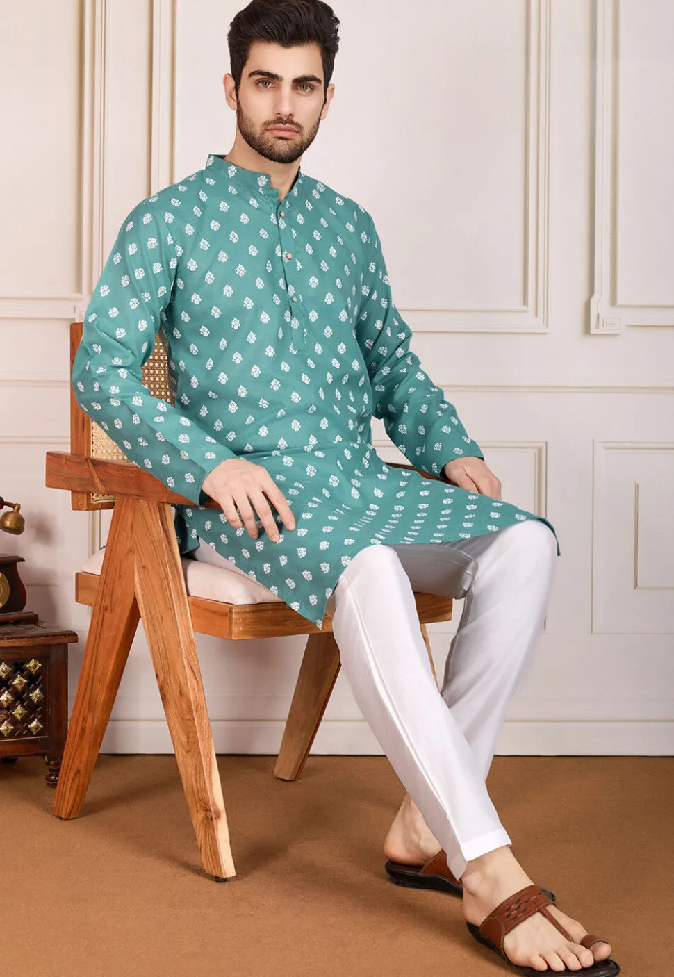 Printed Cotton Kurta Set in Sea Green