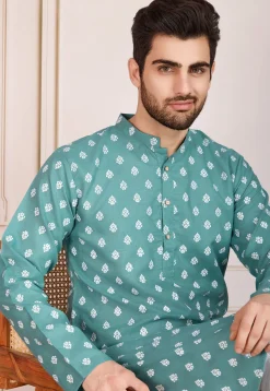 Printed Cotton Kurta Set in Sea Green