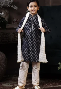 Printed Cotton Kurta Set in Navy Blue