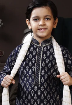 Printed Cotton Kurta Set in Navy Blue