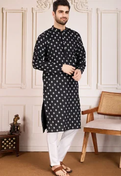 Printed Cotton Kurta Set in Black
