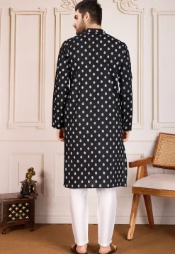 Printed Cotton Kurta Set in Black