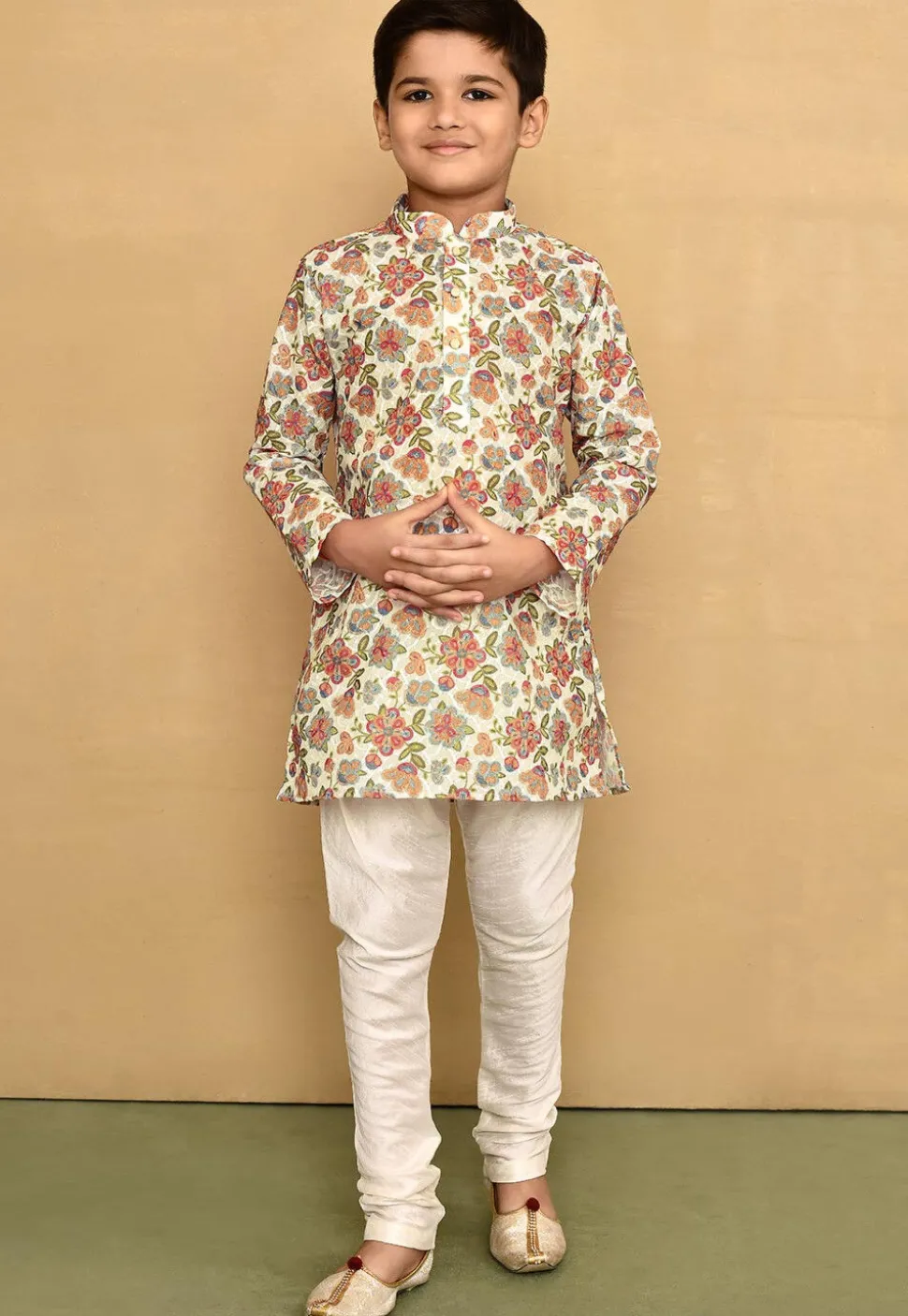 Printed Cotton Kurta Set in Off White
