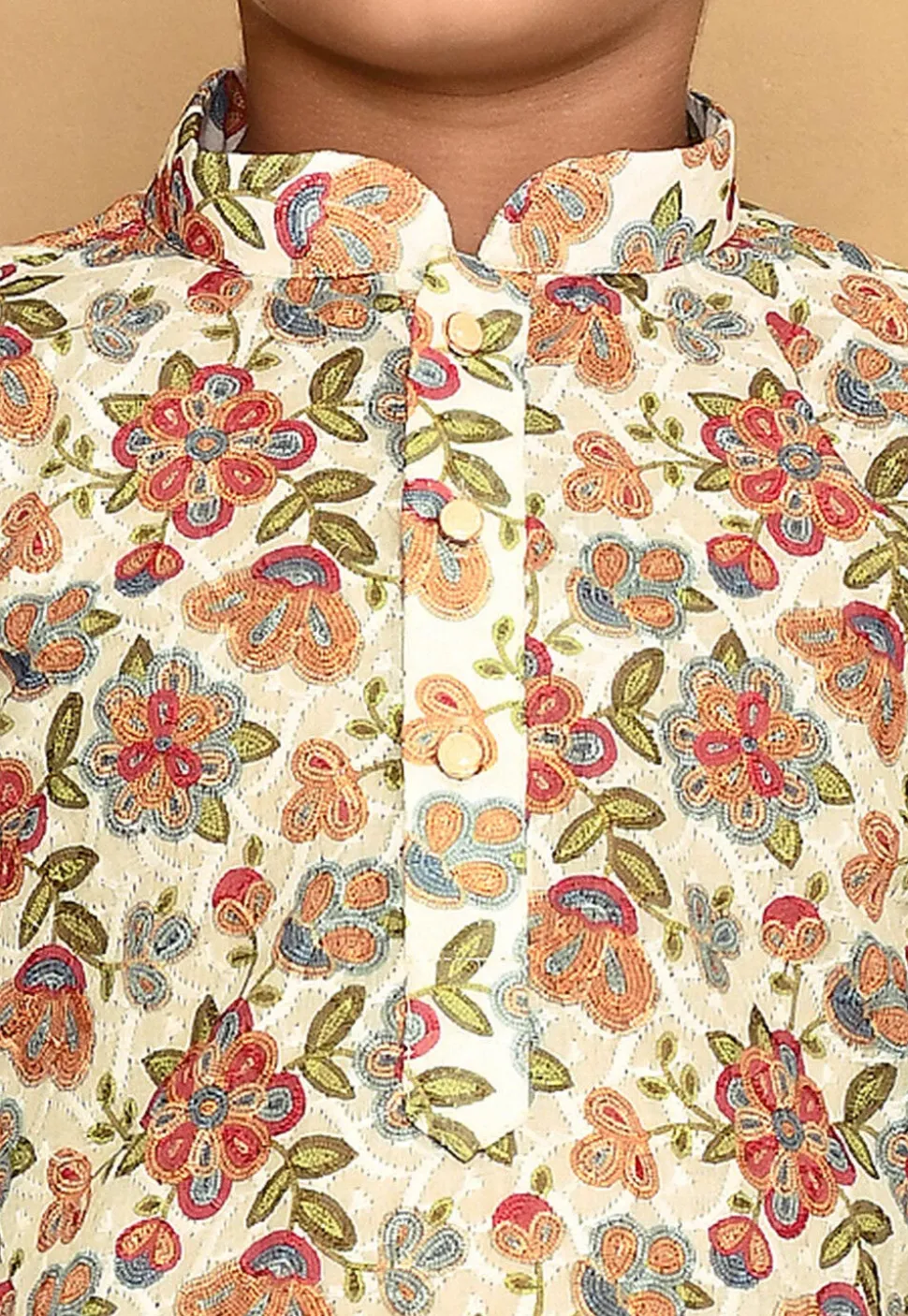 Printed Cotton Kurta Set in Off White
