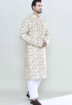 Printed Cotton Kurta Set in Off White