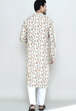Printed Cotton Kurta Set in Off White