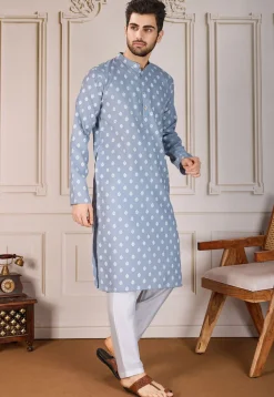 Printed Cotton Kurta Set in Grey