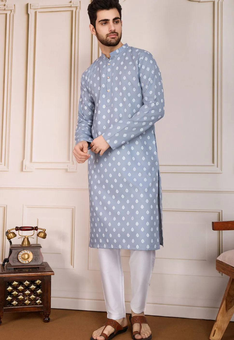 Printed Cotton Kurta Set in Grey