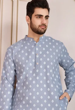 Printed Cotton Kurta Set in Grey