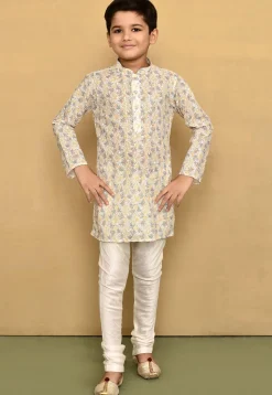 Printed Cotton Kurta Set in White