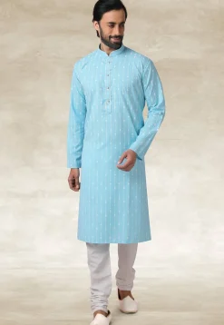 Printed Cotton Kurta Set in Light Blue