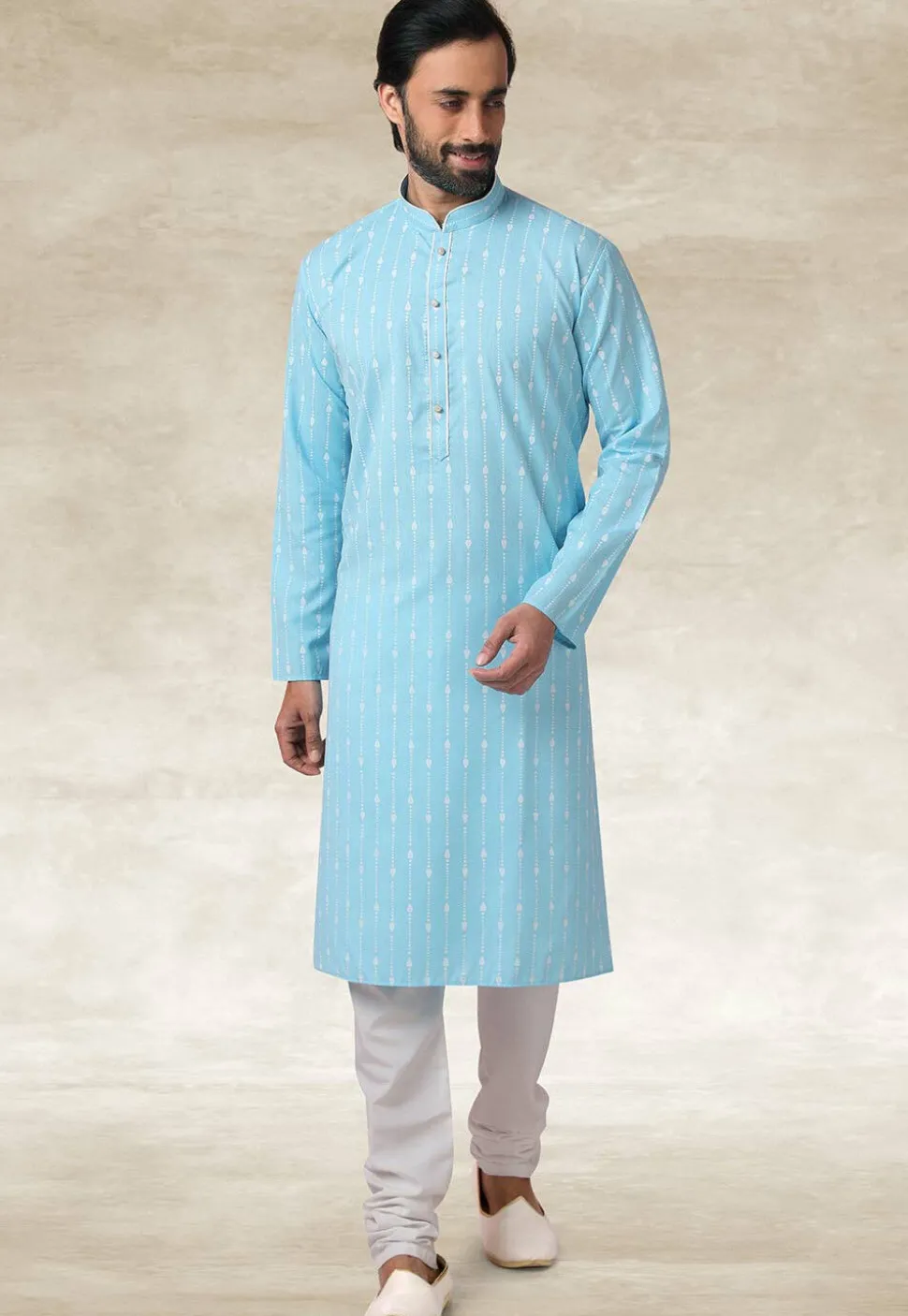 Printed Cotton Kurta Set in Light Blue