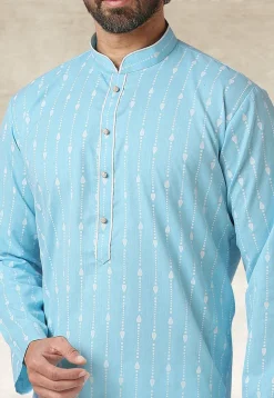 Printed Cotton Kurta Set in Light Blue