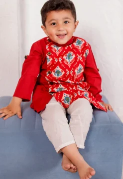 Printed Cotton Kurta Set in Red