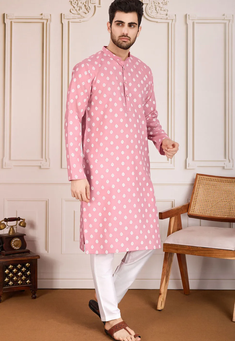 Printed Cotton Kurta Set in Pink
