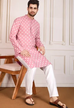 Printed Cotton Kurta Set in Pink