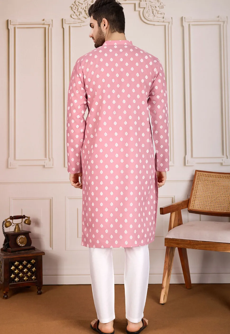 Printed Cotton Kurta Set in Pink