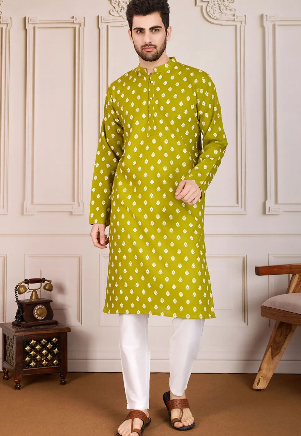 Printed Cotton Kurta Set in Olive Green