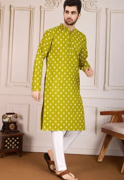 Printed Cotton Kurta Set in Olive Green