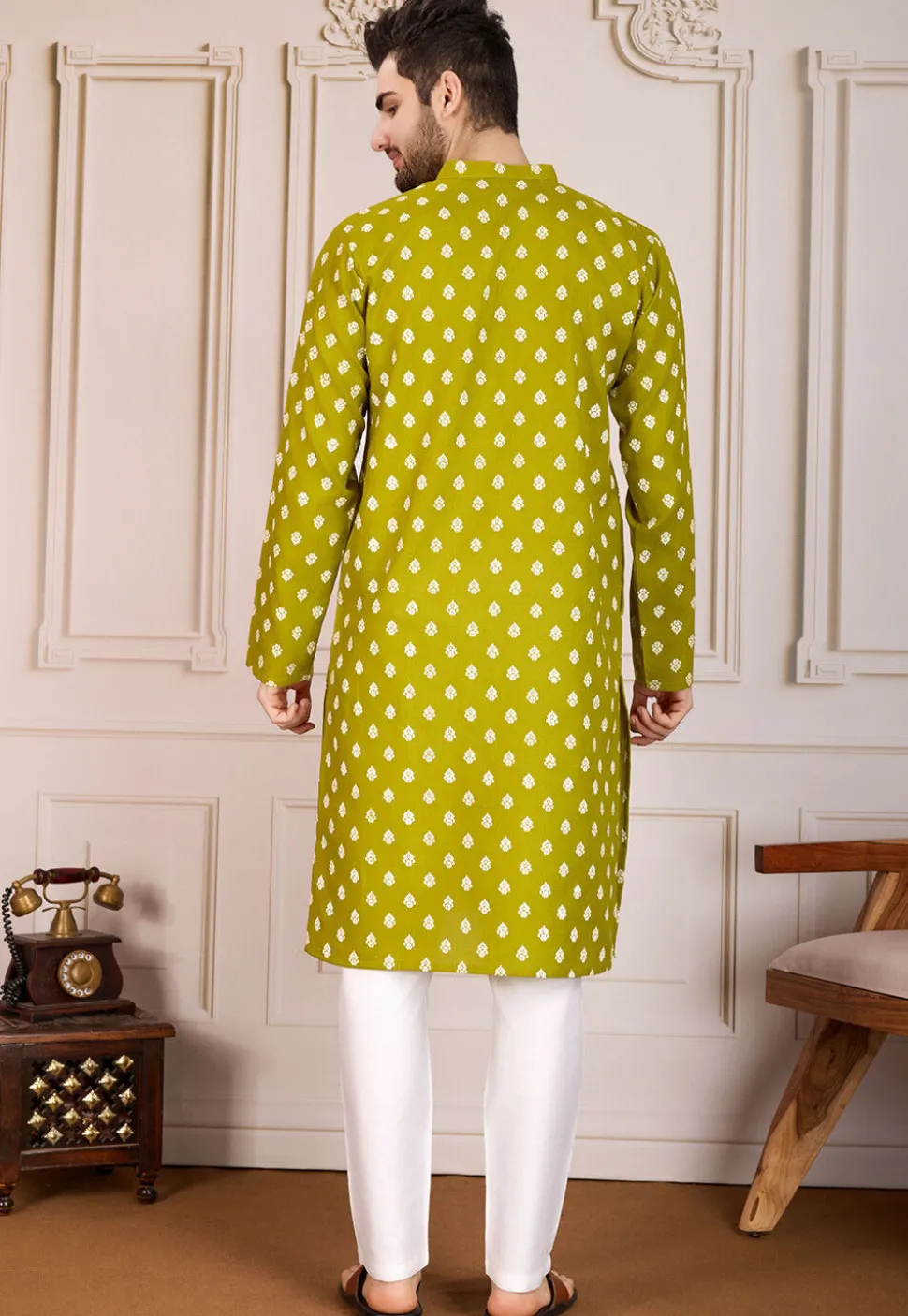 Printed Cotton Kurta Set in Olive Green