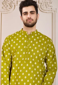 Printed Cotton Kurta Set in Olive Green