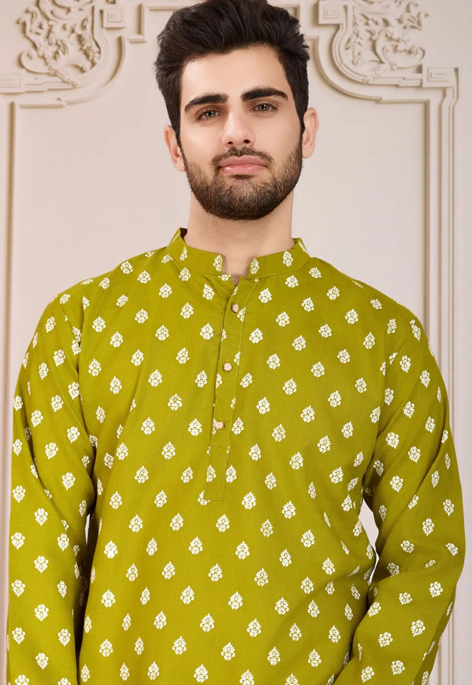 Printed Cotton Kurta Set in Olive Green