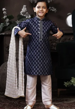 Printed Cotton Kurta Set in Navy Blue