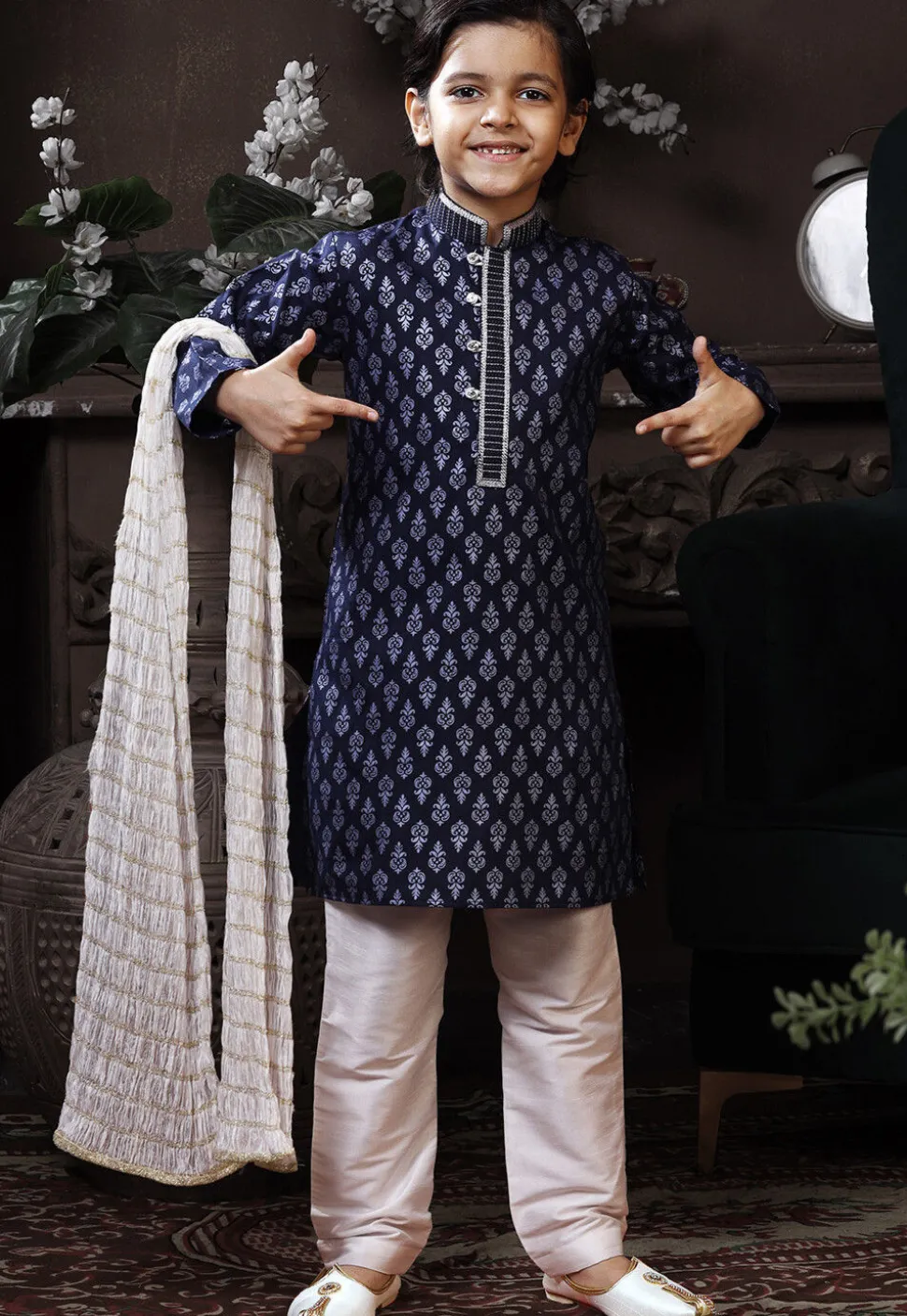 Printed Cotton Kurta Set in Navy Blue