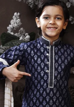 Printed Cotton Kurta Set in Navy Blue