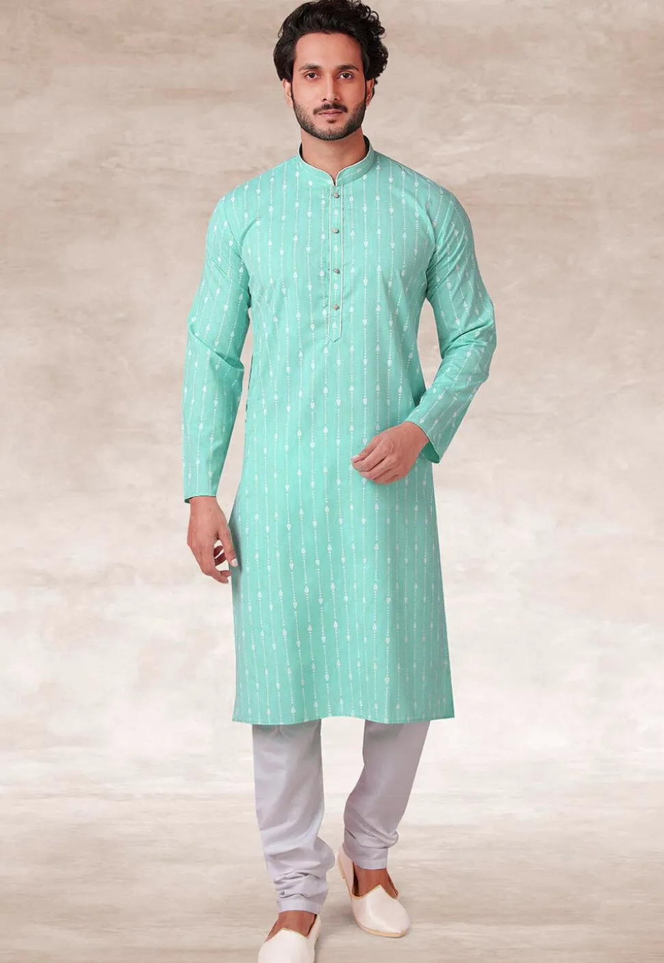 Printed Cotton Kurta Set in Light Blue