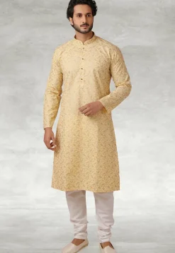 Printed Cotton Kurta Set in Yellow