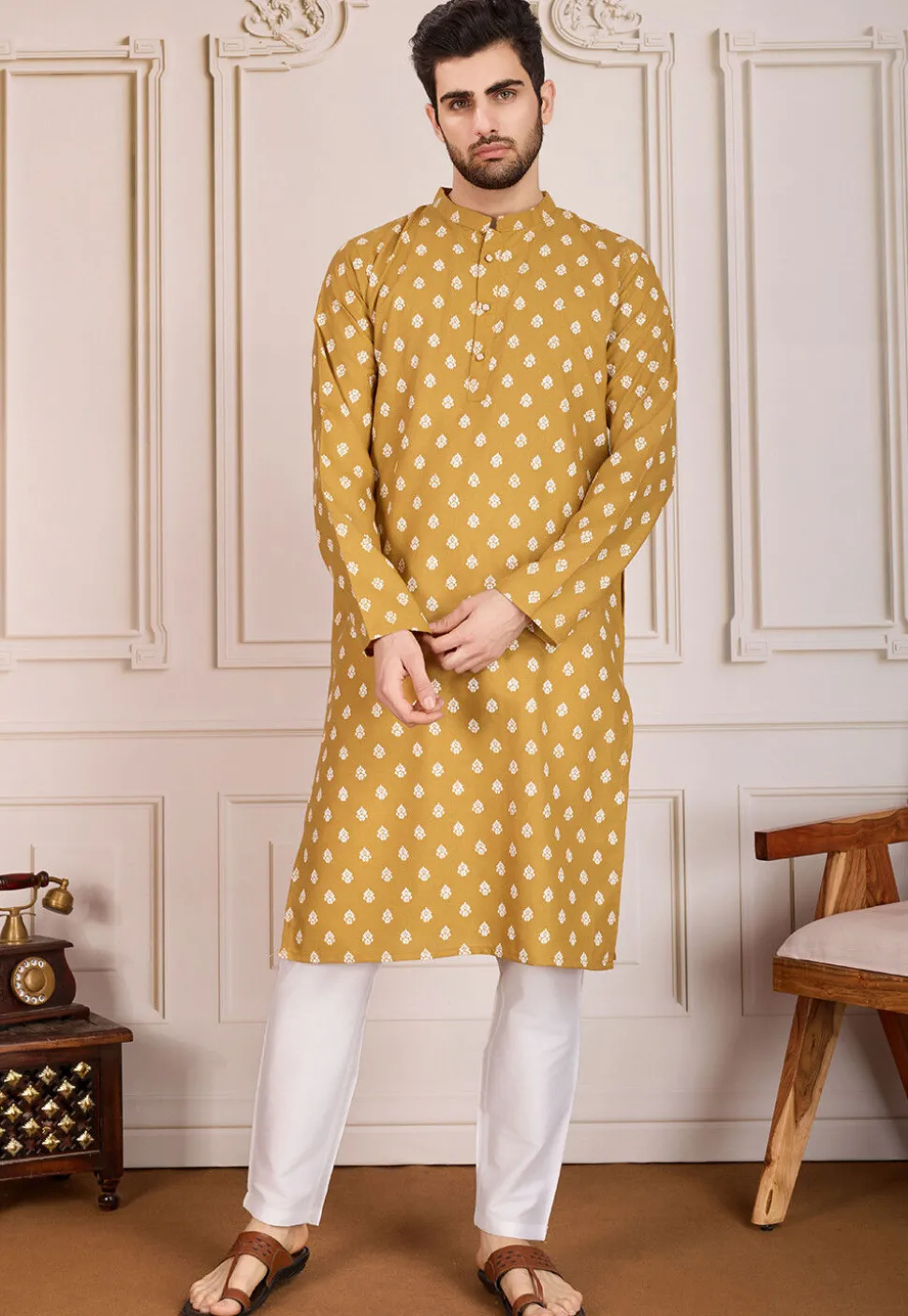 Printed Cotton Kurta Set in Mustard