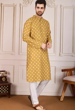 Printed Cotton Kurta Set in Mustard