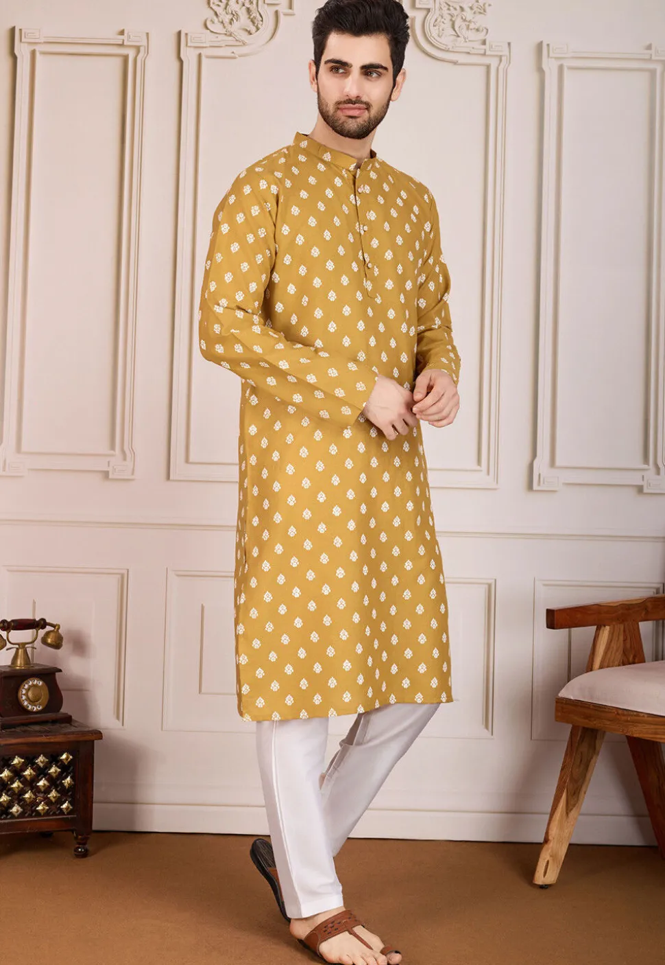 Printed Cotton Kurta Set in Mustard